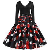 Black Big Swing Print Vintage Christmas Dress Women Winter Casual Long Sleeve V Neck Sexy New Year Party Dress Plus Size S~3XL