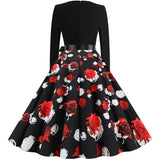 Black Big Swing Print Vintage Christmas Dress Women Winter Casual Long Sleeve V Neck Sexy New Year Party Dress Plus Size S~3XL