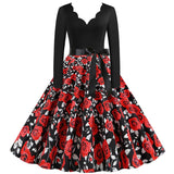 Black Big Swing Print Vintage Christmas Dress Women Winter Casual Long Sleeve V Neck Sexy New Year Party Dress Plus Size S~3XL