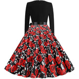 Black Big Swing Print Vintage Christmas Dress Women Winter Casual Long Sleeve V Neck Sexy New Year Party Dress Plus Size S~3XL