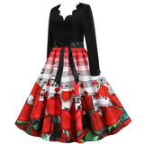Black Big Swing Print Vintage Christmas Dress Women Winter Casual Long Sleeve V Neck Sexy New Year Party Dress Plus Size S~3XL