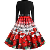 Black Big Swing Print Vintage Christmas Dress Women Winter Casual Long Sleeve V Neck Sexy New Year Party Dress Plus Size S~3XL