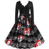Black Big Swing Print Vintage Christmas Dress Women Winter Casual Long Sleeve V Neck Sexy New Year Party Dress Plus Size S~3XL