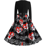 Black Big Swing Print Vintage Christmas Dress Women Winter Casual Long Sleeve V Neck Sexy New Year Party Dress Plus Size S~3XL