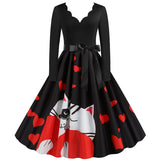 Black Big Swing Print Vintage Christmas Dress Women Winter Casual Long Sleeve V Neck Sexy New Year Party Dress Plus Size S~3XL