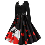 Black Big Swing Print Vintage Christmas Dress Women Winter Casual Long Sleeve V Neck Sexy New Year Party Dress Plus Size S~3XL