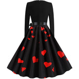 Black Big Swing Print Vintage Christmas Dress Women Winter Casual Long Sleeve V Neck Sexy New Year Party Dress Plus Size S~3XL