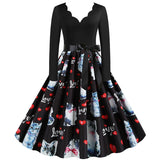 Black Big Swing Print Vintage Christmas Dress Women Winter Casual Long Sleeve V Neck Sexy New Year Party Dress Plus Size S~3XL