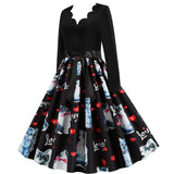 Black Big Swing Print Vintage Christmas Dress Women Winter Casual Long Sleeve V Neck Sexy New Year Party Dress Plus Size S~3XL