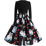 Black Big Swing Print Vintage Christmas Dress Women Winter Casual Long Sleeve V Neck Sexy New Year Party Dress Plus Size S~3XL