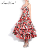 MoaaYina Fashion Designer Runway Ball Gown Dress Summer Women Spaghetti strap Backless Floral Print Cascading Ruffle Beach Dress - ENSEIGNE DENIS