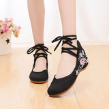 Veowalk Ankle Strap Women Canvas Embroidered Ballet Flats Ladies Comfort Cotton Ballerinas Woman Dance Shoes Vegan Muslem Shoes - ENSEIGNE DENIS