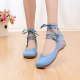 Veowalk Ankle Strap Women Canvas Embroidered Ballet Flats Ladies Comfort Cotton Ballerinas Woman Dance Shoes Vegan Muslem Shoes - ENSEIGNE DENIS
