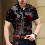 Men Club Party 2019 New DJ Prom Shirt Short Sleeve Chemise Homme Transparent Flower Velvet Shirt Men See Through Lace Shirt - ENSEIGNE DENIS