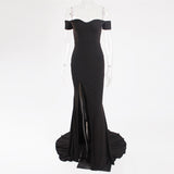 Sexy Black Red Off Shoulder Bridesmaid Dress Tight Packet Hips Slash Neck High Split Wedding Dress Backless Zipper Stretch Dress