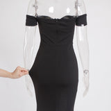 Sexy Black Red Off Shoulder Bridesmaid Dress Tight Packet Hips Slash Neck High Split Wedding Dress Backless Zipper Stretch Dress