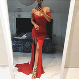 Sexy Black Red Off Shoulder Bridesmaid Dress Tight Packet Hips Slash Neck High Split Wedding Dress Backless Zipper Stretch Dress