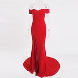Sexy Black Red Off Shoulder Bridesmaid Dress Tight Packet Hips Slash Neck High Split Wedding Dress Backless Zipper Stretch Dress