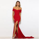 Sexy Black Red Off Shoulder Bridesmaid Dress Tight Packet Hips Slash Neck High Split Wedding Dress Backless Zipper Stretch Dress