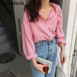 Colorfaith New 2020 Women Spring Summer Blouse Shirts Plaid Fashionable Single Breasted Casual Loose Wild Sweet Pink Tops BL023 - ENSEIGNE DENIS