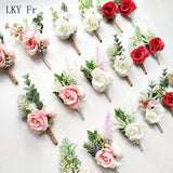 LKY Fr Boutonniere Flowers Wedding Corsage Pins White Pink Groom Boutonniere Buttonhole Men Wedding Witness Marriage Accessories