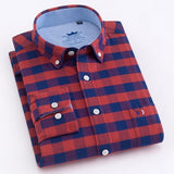 Men's Casual Thick Oxford Cotton Plaid Striped Shirts Single Patch Pocket Long Sleeve Standard-fit Button-down Checkered Shirt - ENSEIGNE DENIS
