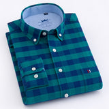 Men's Casual Thick Oxford Cotton Plaid Striped Shirts Single Patch Pocket Long Sleeve Standard-fit Button-down Checkered Shirt - ENSEIGNE DENIS