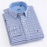 Men's Casual Thick Oxford Cotton Plaid Striped Shirts Single Patch Pocket Long Sleeve Standard-fit Button-down Checkered Shirt - ENSEIGNE DENIS