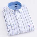 Men's Casual Thick Oxford Cotton Plaid Striped Shirts Single Patch Pocket Long Sleeve Standard-fit Button-down Checkered Shirt - ENSEIGNE DENIS