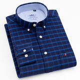 Men's Casual Thick Oxford Cotton Plaid Striped Shirts Single Patch Pocket Long Sleeve Standard-fit Button-down Checkered Shirt - ENSEIGNE DENIS