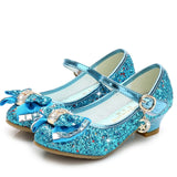 Princess Kids Leather Shoes for Girls Flower Casual Glitter Children High Heel Girls Shoes Butterfly Knot Blue Pink Silver - ENSEIGNE DENIS