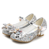 Princess Kids Leather Shoes for Girls Flower Casual Glitter Children High Heel Girls Shoes Butterfly Knot Blue Pink Silver - ENSEIGNE DENIS