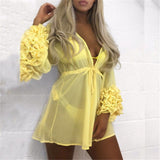 Summer Beach Mini Dress Women Puff Sleeve Bikini Cover Up Beachwear Swimwear Tunic Kaftan Pareo Ladies Boho Robe - ENSEIGNE DENIS