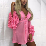 Summer Beach Mini Dress Women Puff Sleeve Bikini Cover Up Beachwear Swimwear Tunic Kaftan Pareo Ladies Boho Robe - ENSEIGNE DENIS