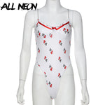 ALLNeon Sweet Summer Cherry Printing Ruffle Bodysuits Vintage Spaghetti Strap Backless Sexy Body Chic E-girl Outfit Clubwear 90s - ENSEIGNE DENIS