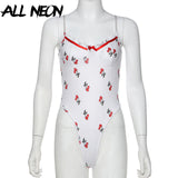 ALLNeon Sweet Summer Cherry Printing Ruffle Bodysuits Vintage Spaghetti Strap Backless Sexy Body Chic E-girl Outfit Clubwear 90s - ENSEIGNE DENIS