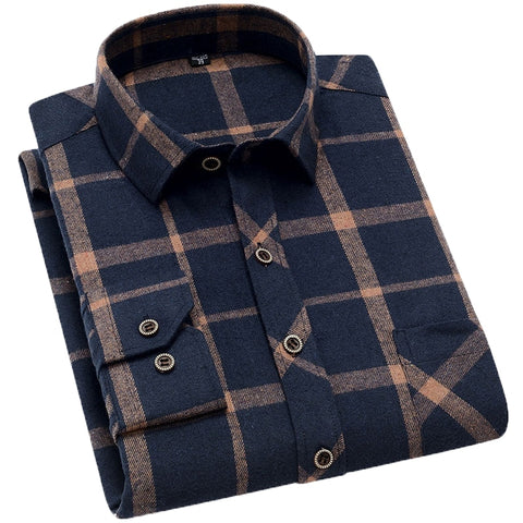 Aoliwen brand men Yellow black Plaid Brushed Long Sleeve Shirt pocket Spring casual men's shirts flannel cotton soft fit