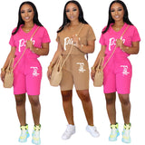 Casual Pink Letter Print Women Two Piece Set 2020 New Summer Rompers Sexy Striped T-Shirts And Skinny Pants 2pcs Outfits - ENSEIGNE DENIS