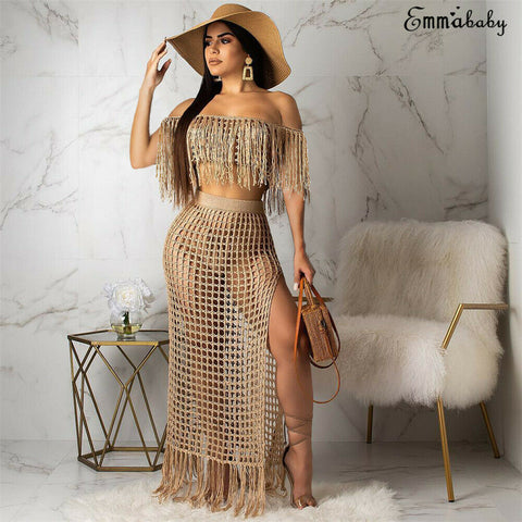 2019 Womens Off Shoulder Cover up See-through Hollow Sleeveless Tassel Summer Bathing Suit Solid Bikinis 2Pcs Swimwear Swimsuit - ENSEIGNE DENIS