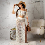 2019 Womens Off Shoulder Cover up See-through Hollow Sleeveless Tassel Summer Bathing Suit Solid Bikinis 2Pcs Swimwear Swimsuit - ENSEIGNE DENIS