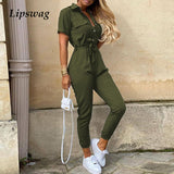 Women Casual solid color Jumpsuit 2020 Summer Deep V Neck Button Shirt Overalls Short Sleeve Office Lady One Piece Romper Belt - ENSEIGNE DENIS