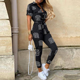 Women Casual solid color Jumpsuit 2020 Summer Deep V Neck Button Shirt Overalls Short Sleeve Office Lady One Piece Romper Belt - ENSEIGNE DENIS