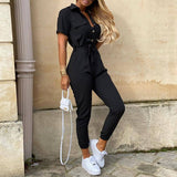 Women Casual solid color Jumpsuit 2020 Summer Deep V Neck Button Shirt Overalls Short Sleeve Office Lady One Piece Romper Belt - ENSEIGNE DENIS