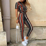Women Casual solid color Jumpsuit 2020 Summer Deep V Neck Button Shirt Overalls Short Sleeve Office Lady One Piece Romper Belt - ENSEIGNE DENIS