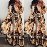 Women Boho Wrap Summer Long Dress Holiday Maxi Loose Sundress Floral Print V-neck Long Sleeve Elegante Dresses Cocktail Party - ENSEIGNE DENIS