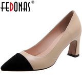 FEDONAS Concise Shallow Genuine Leather Women'S Shoes Mixed Colors Thick Heels Pumps Summer Elegant Working Casual Shoes Woman - ENSEIGNE DENIS