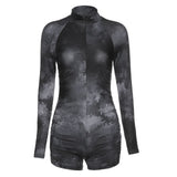 Tie Dye Print Long Sleeve Body Playsuit Women Sexy Zipper Deep V Neck Biker Shorts Bodycon Ruched Sport Rompers Womens Jumpsuit - ENSEIGNE DENIS