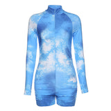 Tie Dye Print Long Sleeve Body Playsuit Women Sexy Zipper Deep V Neck Biker Shorts Bodycon Ruched Sport Rompers Womens Jumpsuit - ENSEIGNE DENIS