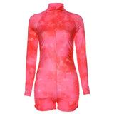 Tie Dye Print Long Sleeve Body Playsuit Women Sexy Zipper Deep V Neck Biker Shorts Bodycon Ruched Sport Rompers Womens Jumpsuit - ENSEIGNE DENIS