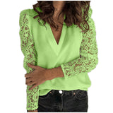 Women V-neck Lace Hollow Out Blouse Patchwork Long Sleeve White Office Ladies Blouses 2020 Summer Casual Solid Female Tops - ENSEIGNE DENIS
